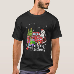 Maltese Riding Red Truck Xmas Merry Christmas T-Shirt