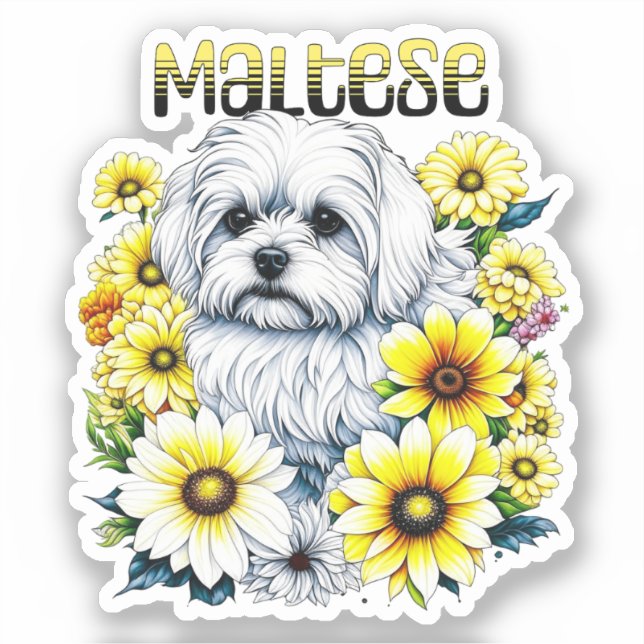 Maltese Small :White Dog Bree in Yellow Flowers Sticker (Front)