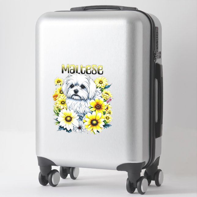 Maltese Small :White Dog Bree in Yellow Flowers Sticker (Suitcase)