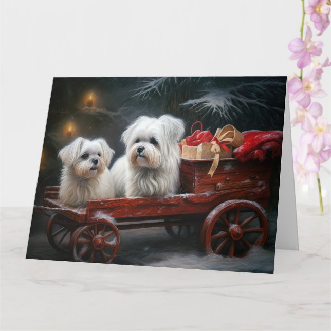 Maltese Snowy Sleigh Christmas Decor Card (Orchid)