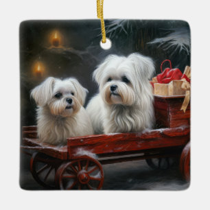 Maltese Snowy Sleigh Christmas Decor Ceramic Ornament