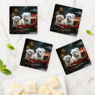 Maltese Snowy Sleigh Christmas Decor Coaster Set