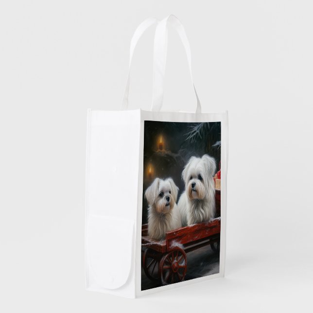 Maltese Snowy Sleigh Christmas Decor Grocery Bag (Front Side)