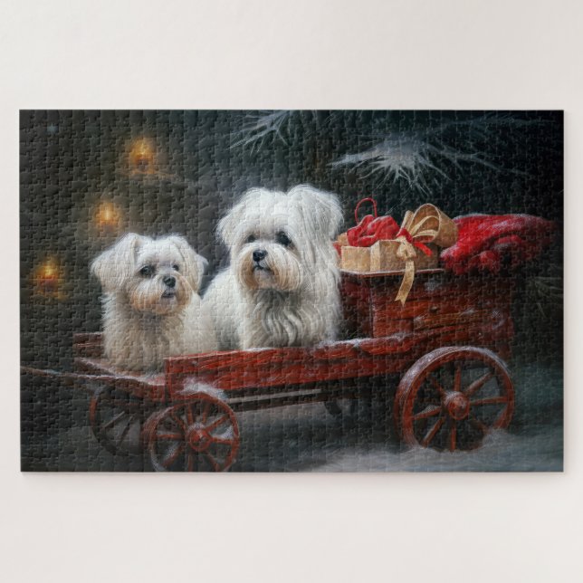 Maltese Snowy Sleigh Christmas Decor Jigsaw Puzzle (Horizontal)