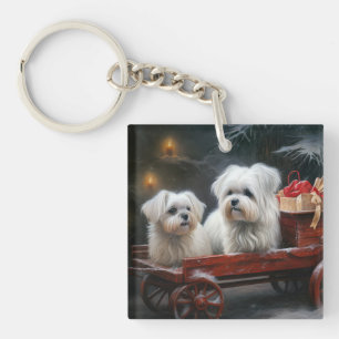Maltese Snowy Sleigh Christmas Decor Keychain
