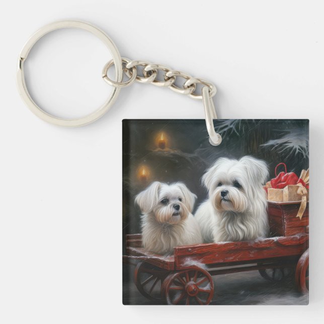 Maltese Snowy Sleigh Christmas Decor Keychain (Front)