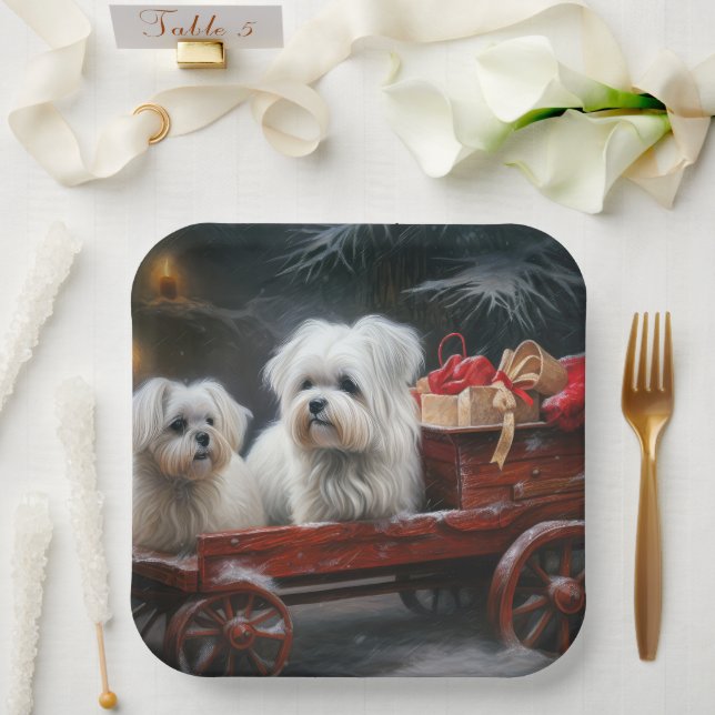 Maltese Snowy Sleigh Christmas Decor Paper Plates (Wedding)