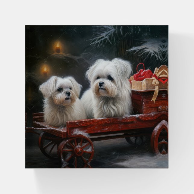 Maltese Snowy Sleigh Christmas Decor Paperweight (Front)