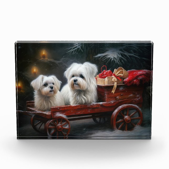 Maltese Snowy Sleigh Christmas Decor Photo Block (Front)