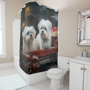 Maltese Snowy Sleigh Christmas Decor Shower Curtain