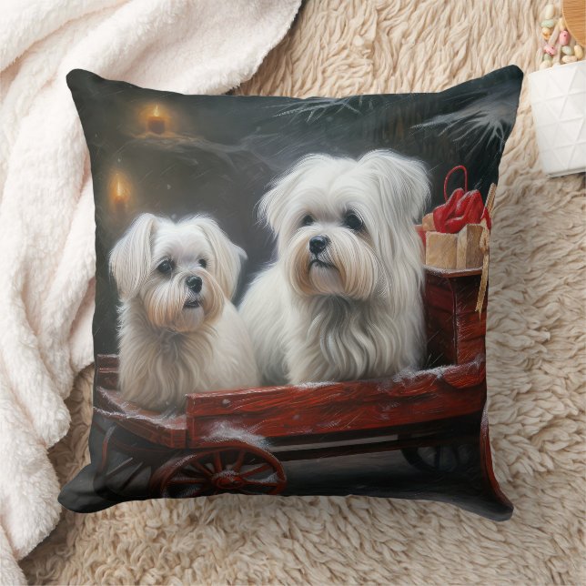 Maltese Snowy Sleigh Christmas Decor Throw Pillow (Blanket)