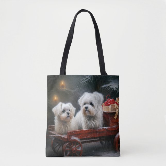 Maltese Snowy Sleigh Christmas Decor Tote Bag (Front)