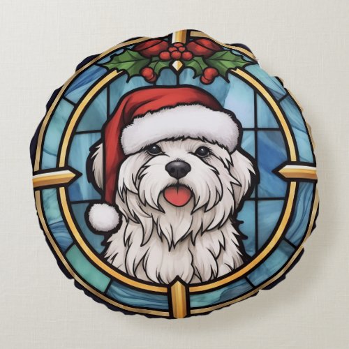 Maltese Stained Glass Christmas Round Pillow