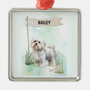 Maltese Watercolor Personalized Dog Metal Ornament