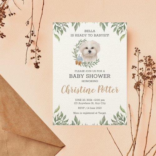 Maltese White Dog Boy Boho Greenery Baby Shower Invitation