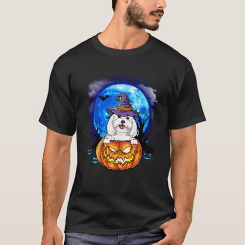 Maltese Witch Moon Pumpkin Scary Halloween Dog Lov T_Shirt