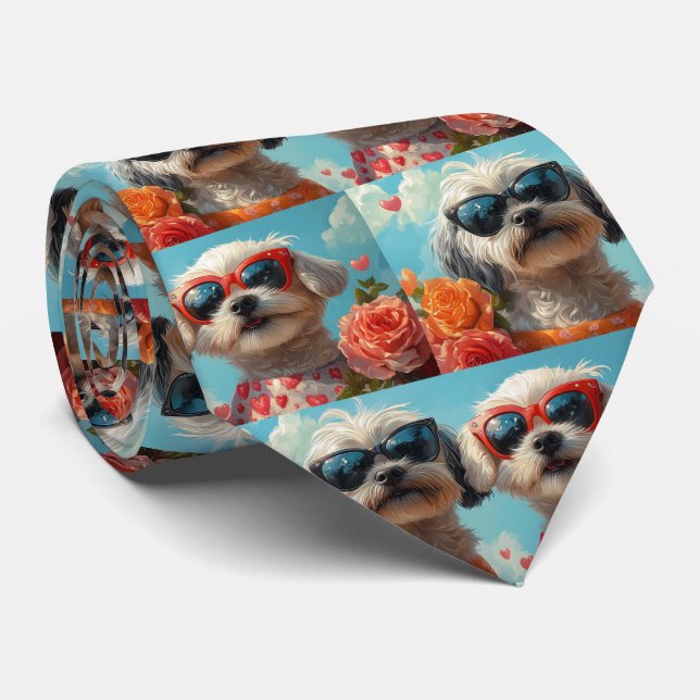 Maltese with Heart Roses Valentine's Day  Neck Tie (Rolled)