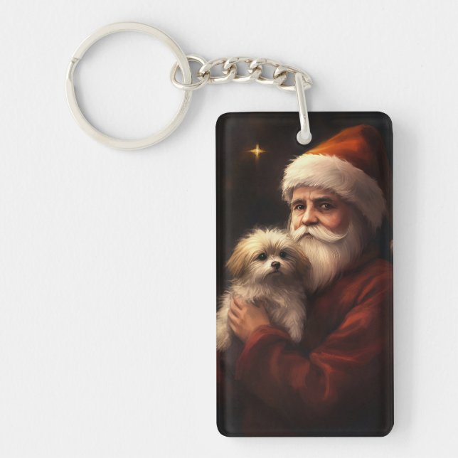 Maltese With Santa Claus Festive Christmas  Keychain (Front)