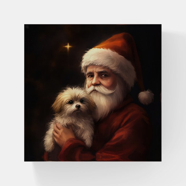 Maltese With Santa Claus Festive Christmas  Paperweight (Front)