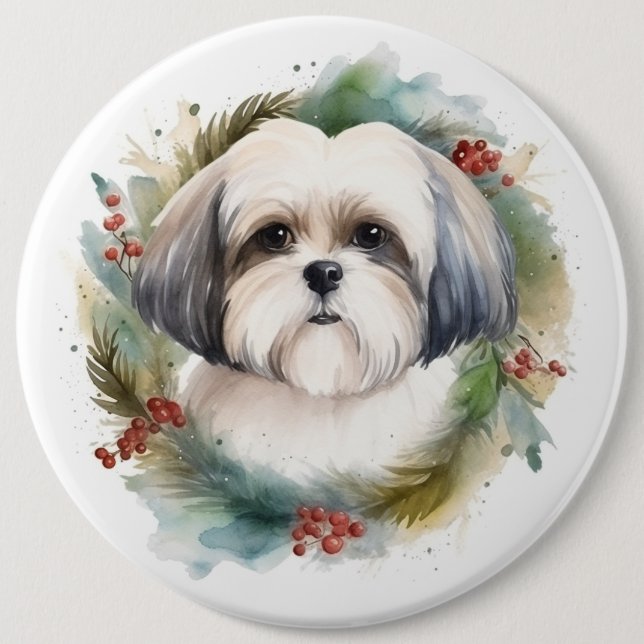 Malti Tzu Christmas Wreath Festive Pup Button (Front)