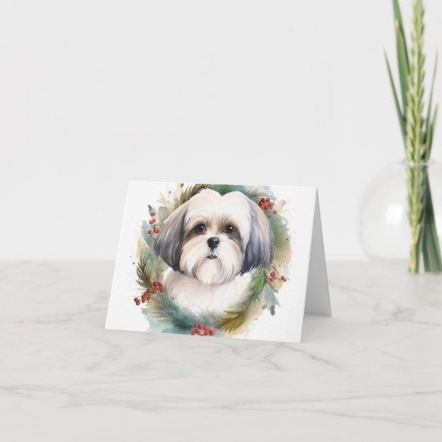 Malti Tzu Christmas Wreath Festive Pup Card (Front)