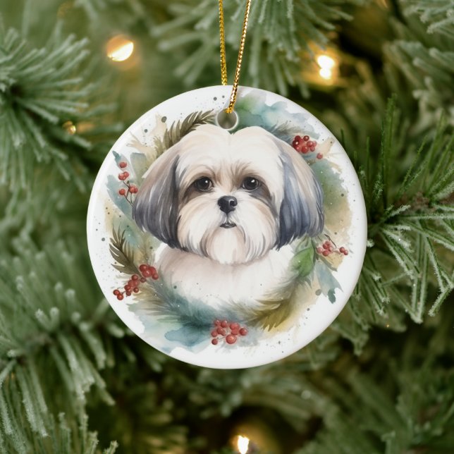 Malti Tzu Christmas Wreath Festive Pup Ceramic Ornament (Tree)