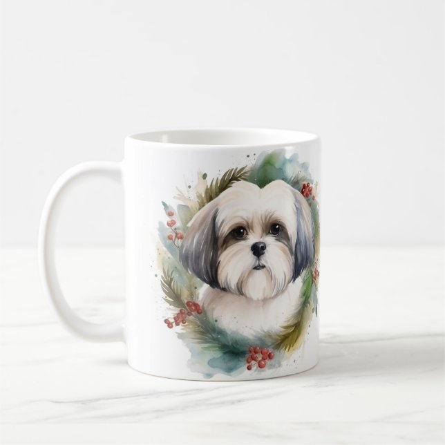 Malti Tzu Christmas Wreath Festive Pup Coffee Mug (Left)