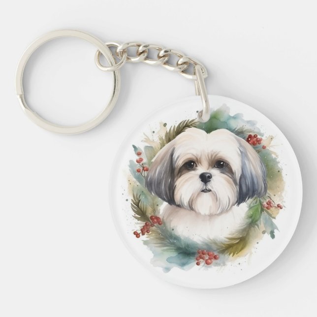 Malti Tzu Christmas Wreath Festive Pup Keychain (Front)