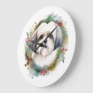 Malti Tzu Christmas Wreath Festive Pup Large Clock