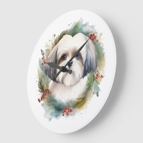 Malti Tzu Christmas Wreath Festive Pup Large Clock