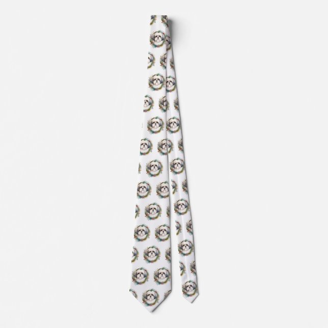 Malti Tzu Christmas Wreath Festive Pup Neck Tie (Front)
