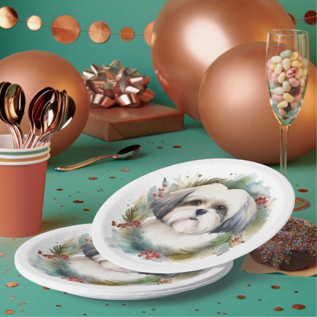 Malti Tzu Christmas Wreath Festive Pup Paper Plates (Multi)