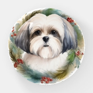Malti Tzu Christmas Wreath Festive Pup Paperweight