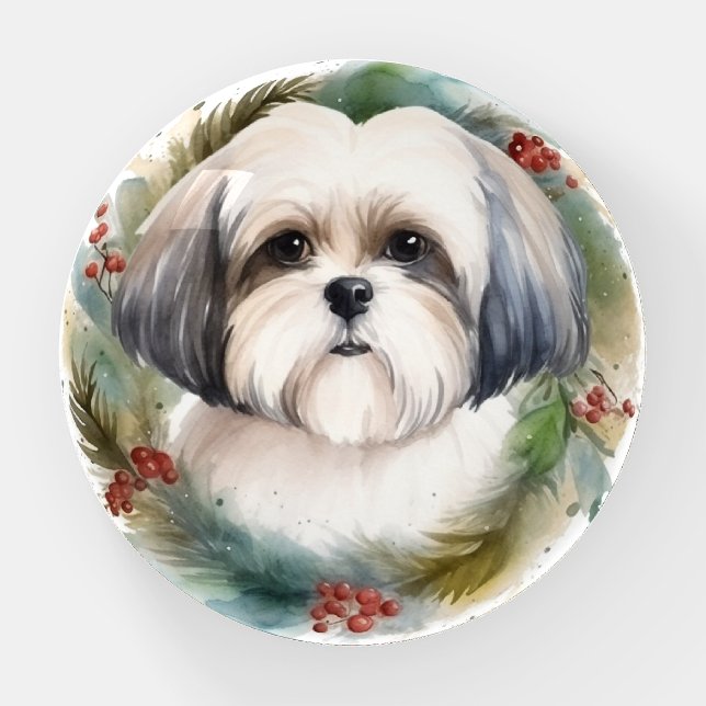 Malti Tzu Christmas Wreath Festive Pup Paperweight (Front)