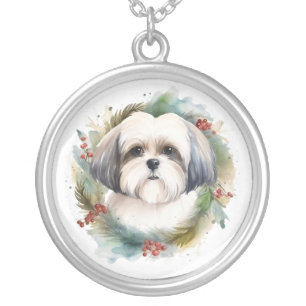 Malti Tzu Christmas Wreath Festive Pup Silver Plated Necklace