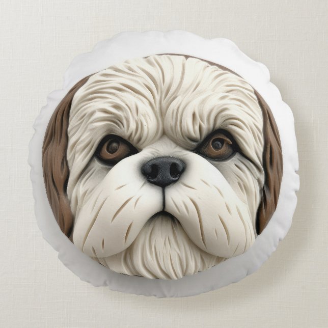Malti Tzu Dog 3D Inspired Round Pillow (Front)