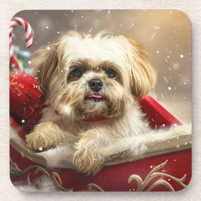 Malti Tzu Dog Christmas Festive Beverage Coaster (Front)