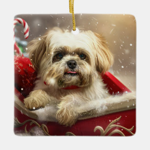 Malti Tzu Dog Christmas Festive Ceramic Ornament