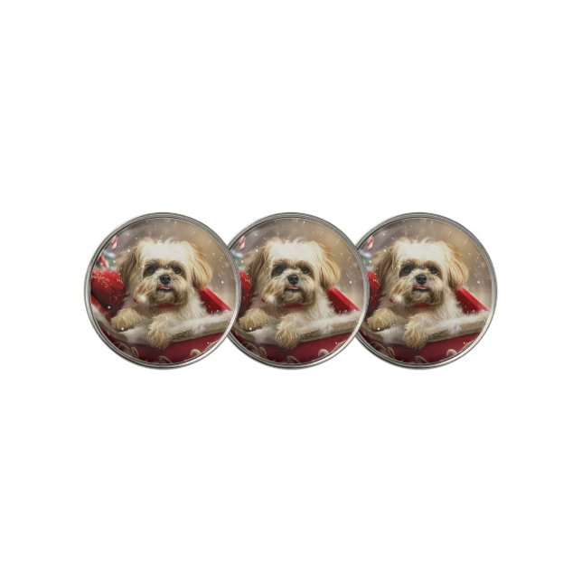 Malti Tzu Dog Christmas Festive Golf Ball Marker (3 Up)