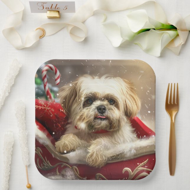 Malti Tzu Dog Christmas Festive Paper Plates (Wedding)