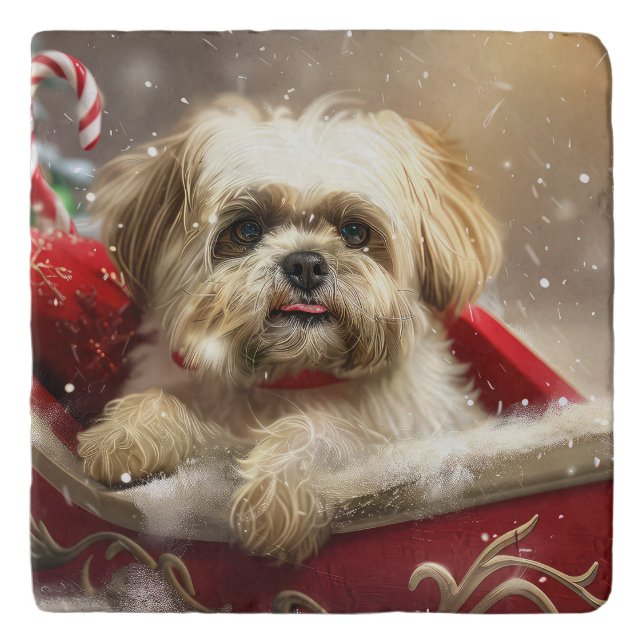 Malti Tzu Dog Christmas Festive Trivet (Front)