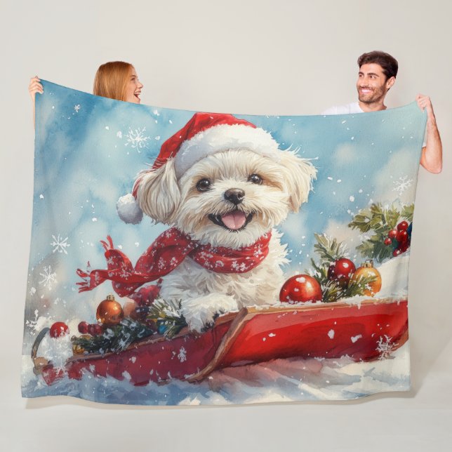 Malti Tzu  Dog in Sledge Let it Snow Christmas Fleece Blanket (In Situ)