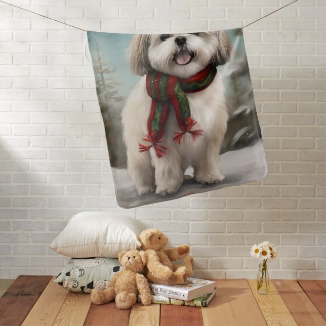 Malti Tzu Dog in Snow Christmas Baby Blanket (In Situ)