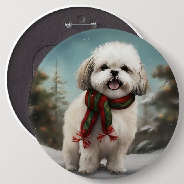 Malti Tzu Dog in Snow Christmas Button (Front & Back)