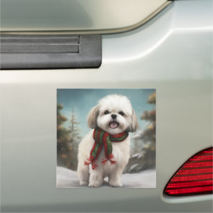 Malti Tzu Dog in Snow Christmas Car Magnet