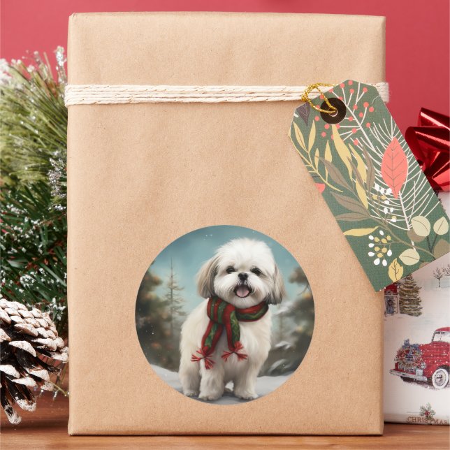 Malti Tzu Dog in Snow Christmas Classic Round Sticker (Holiday)