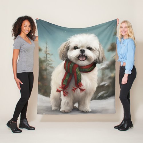 Malti Tzu Dog in Snow Christmas Fleece Blanket