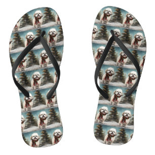 Malti Tzu Dog in Snow Christmas Flip Flops