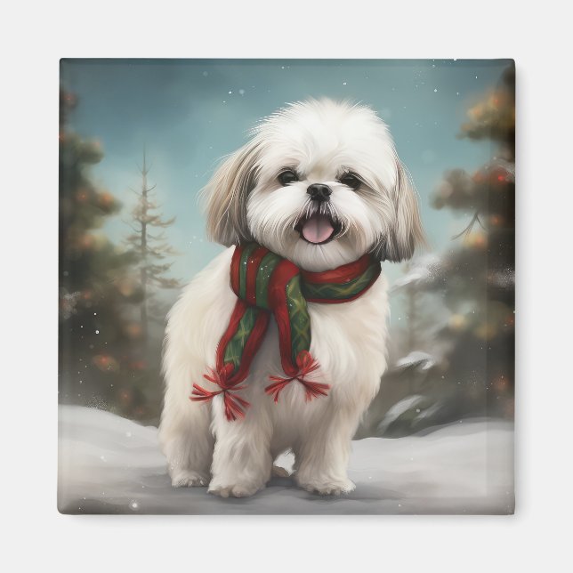Malti Tzu Dog in Snow Christmas Magnet (Front)