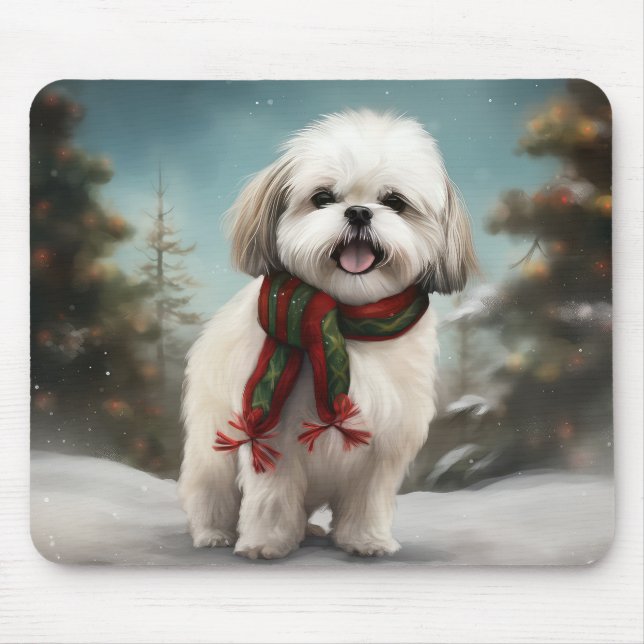 Malti Tzu Dog in Snow Christmas Mouse Pad (Front)